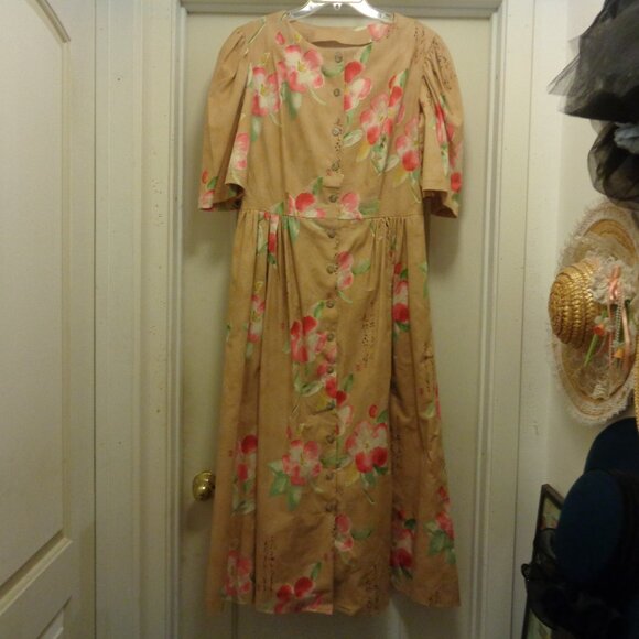 ASIAN STYLED COUNTRY PRAIRIE FARM MAXI BROWN COTTON FLORALS DRESS HANDMA… - Picture 1 of 5
